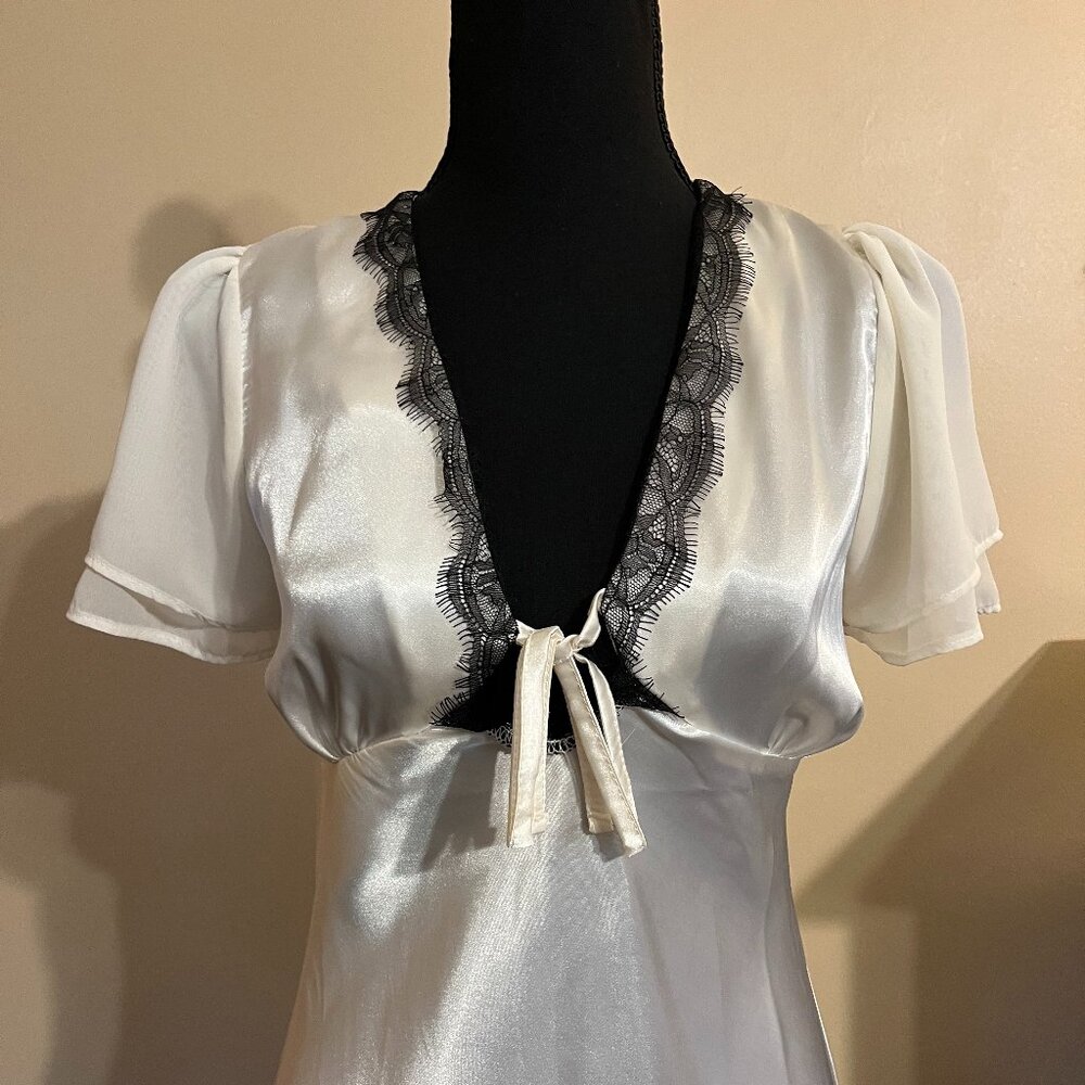 Reclaimed Vintage White Satin Mini Dress with Black Lace Details